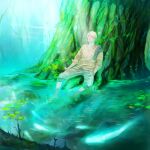 1boy blonde_hair cigarette clothes_on_shoulders day full_body ginko green_theme hair_over_one_eye light_rays looking_up male_focus mouth_hold mushishi nature outdoors pants pants_rolled_up renton_(guero) soaking_feet solo tree under_tree water 