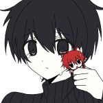  2boys alternate_size animal_ears black_eyes black_hair black_sweater braid cat_boy cat_ears crying crying_with_eyes_open frown grey_background looking_at_viewer maeno_aki mini_person miniboy multiple_boys open_mouth pale_skin red_eyes redhead short_hair simple_background sweater tears tsugino_haru turtleneck turtleneck_sweater world_execute zeno_(game) 