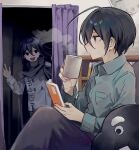  2boys :d ahoge alternate_costume black_cape black_eyes black_hair book buttons cape cup curtains danganronpa_(series) danganronpa_v3:_killing_harmony double-breasted grey_jacket hair_between_eyes highres holding holding_book holding_cup jacket long_sleeves male_focus multiple_boys nemari_(nemaru_0907) oma_kokichi open_mouth profile purple_hair saihara_shuichi short_hair smile steam stuffed_toy 