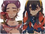  1boy 1girl absurdres black_hair blue_jacket blush brother_and_sister buttons carmine_(pokemon) clenched_teeth colored_inner_hair crossed_bangs crying crying_with_eyes_open eyelashes hair_between_eyes hairband highres jacket kawasaki_(kwsk_8765) kieran_(pokemon) long_hair long_sleeves looking_at_viewer mole mole_under_eye multicolored_hair pokemon pokemon_sv redhead siblings solo tears teeth two-tone_hair yellow_eyes yellow_hairband 