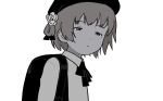  1girl backpack bag beret closed_mouth collared_shirt doppelschwert floating_hair flower from_side greyscale hair_flower hair_ornament hair_ribbon half-closed_eyes hat hatoba_tsugu looking_at_viewer looking_to_the_side mole mole_under_eye monochrome neck_ribbon randoseru ribbon rose shirt short_hair simple_background single_hair_ring solo tsugu_(vtuber) upper_body virtual_youtuber 