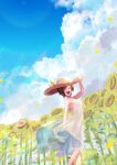  1girl adjusting_clothes adjusting_headwear blue_sky brown_hair clouds cloudy_sky dress eyelashes facing_viewer field flower flower_field from_side hat indie_virtual_youtuber instrument kashiko_mari open_mouth pandy_(kashiko_mari) ribbon short_hair sky solo sun_hat sunflower sunflower_field tambourine tendoshi virtual_youtuber white_dress yellow_ribbon 