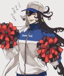  1boy ashiya_douman_(fate) asymmetrical_hair baseball_cap black_hair cheerleader closed_eyes curly_hair earrings fate/grand_order fate_(series) fingernails hair_between_eyes haruhina hat highres jewelry long_hair magatama magatama_earrings male_focus multicolored_hair sharp_fingernails smile solo split-color_hair translation_request two-tone_hair upper_body very_long_hair white_hair 