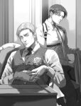  2boys absurdres chest_belt closed_mouth collared_shirt erwin_smith flower greyscale highres holding indoors levi_(shingeki_no_kyojin) looking_at_viewer male_focus monochrome multiple_boys necktie pants rose shingeki_no_kyojin shirt short_hair sitting thisuserisalive vest 