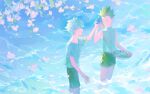  2boys bare_arms bare_shoulders belt belt_buckle black_shorts blue_eyes bowl buckle cargo_shorts cherry_blossoms closed_eyes collarbone commentary conch day denim denim_shorts english_commentary falling_petals feet_out_of_frame flower gon_freecss green_belt green_hair green_shorts hand_on_another&#039;s_hand holding holding_bowl holding_shell hunter_x_hunter killua_zoldyck kuwagatata looking_at_another male_focus midriff_peek multiple_boys mussel ocean open_mouth outdoors petals pink_flower shell shell_to_ear shirt short_hair short_sleeves shorts sleeveless sleeveless_shirt smile spiky_hair t-shirt teeth turtleneck wading waves white_hair white_shirt white_sleeves 