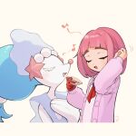  1girl closed_eyes coat collared_shirt eyelashes gloves hair_ornament hairclip highres lacey_(pokemon) long_sleeves music noi_(noi_pk27) open_clothes open_mouth pink_hair pokemon pokemon_(creature) pokemon_sv primarina shirt singing single_glove smile white_shirt 