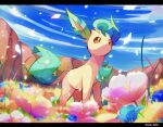  animal_focus aobi_3814 blue_flower blue_sky brown_eyes brown_fur clouds dot_nose field flower flower_field highres leaf leafeon letterboxed mountain no_humans no_mouth pink_flower pokemon pokemon_(creature) sky yellow_flower 