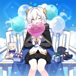  1girl ars_almal balloon bench black_cloak black_skirt blue_cloak blue_sky cloak closed_eyes clouds commentary_request detached_sleeves diamond_hair_ornament feet_out_of_frame gift head_tilt heart_balloon highres holding holding_balloon long_sleeves looking_at_viewer nijisanji on_bench open_mouth shirt skirt sky smile solo stuffed_animal stuffed_cat stuffed_toy teddy_bear two-sided_cloak two-sided_fabric virtual_youtuber waka_(wk4444) white_hair white_shirt 