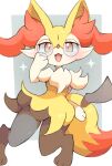  1girl :3 absurdres animal_ear_fluff animal_ears animal_feet animal_hands animal_nose arm_at_side black_fur blush body_fur border braixen commentary_request fang fox_ears fox_girl fox_tail full_body furry furry_female glasses grey_background hand_on_own_cheek hand_on_own_face hand_up happy highres looking_at_viewer multicolored_fur neck_fur open_mouth outside_border pince-nez pokemon pokemon_(creature) red-framed_eyewear red_eyes round_eyewear samenoha_(salmon_no_kaori) simple_background smile snout solo standing stick tail thighs white_border white_fur yellow_fur 