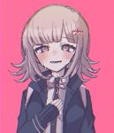  1girl :d black_jacket black_shirt blush brown_hair collared_shirt danganronpa_(series) danganronpa_2:_goodbye_despair fubinna_kotori grey_shirt hand_up highres jacket lower_teeth_only medium_hair nanami_chiaki neck_ribbon open_clothes open_jacket pink_background pink_eyes pink_ribbon ribbon shirt simple_background smile solo spaceship_hair_ornament tears teeth two-tone_shirt 