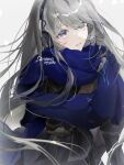  1girl artist_name bkornblume black_dress blue_eyes blue_scarf dohyang dress floating_hair grey_background grey_hair grin headphones highres long_hair long_scarf long_sleeves looking_at_viewer reverse:1999 scarf signature smile solo upper_body 