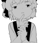 1girl collared_shirt doppelschwert expressionless flower greyscale hair_flower hair_ornament hair_ribbon half-closed_eyes hands_up hatoba_tsugu highres holding_own_wrist jaggy_lines long_sleeves looking_at_viewer mole mole_under_eye monochrome neck_ribbon open_mouth raised_eyebrows ribbon shirt short_hair simple_background single_hair_ring solo suspenders tsugu_(vtuber) upper_body virtual_youtuber 