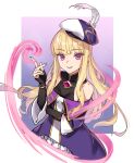  1girl bare_shoulders beret blonde_hair blunt_bangs casting_spell character_request copyright_request dress energy feathers hat highres kawakami_rokkaku long_hair long_sleeves magic pink_eyes purple_dress smile solo wide_sleeves 