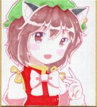  1girl :d animal_ear_fluff animal_ear_piercing animal_ears artist_request blush bow bowtie brown_eyes brown_hair cat_ears chen earrings fang gold_trim green_headwear hair_between_eyes hand_up hat highres jewelry juliet_sleeves long_sleeves looking_at_viewer mob_cap nail_polish open_mouth puffy_sleeves red_nails red_vest short_hair simple_background single_earring sleeves_past_wrists smile solo touhou traditional_media vest white_background white_bow white_bowtie 
