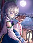  blue_eyes blue_skirt blush commentary cup full_moon grey_hair highres holding holding_cup key lamp long_hair mononobe_no_futo moon open_mouth pom_pom_(clothes) ponytail pygrenix ribbon-trimmed_sleeves ribbon_trim sakazuki skirt touhou wide_sleeves 