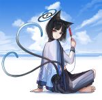  1girl animal_ears barefoot black_skirt blue_archive blue_halo cat_ears cat_tail closed_mouth food grey_hair halo haori holding holding_food japanese_clothes kikyou_(blue_archive) long_hair long_sleeves looking_at_viewer multiple_tails pleated_skirt red_eyes skirt slow_2pin soles solo tail two_tails 
