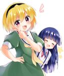 2girls :3 blonde_hair blue_hair blunt_bangs blush bow bowtie closed_eyes collared_shirt dress fang furude_rika hairband hand_on_own_hip hand_up highres higurashi_no_naku_koro_ni houjou_satoko long_hair mani_(second-dimension) multiple_girls open_mouth sailor_dress shirt short_hair short_sleeves smile star_(symbol) suspenders violet_eyes