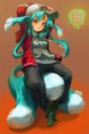  ankle_boots aqua_hair arms_behind_head arms_up baseball_cap carbuncle facial_mark final_fantasy forehead_mark hat hoodie jacket long_hair personification red_eyes sitting solo tail tokoya 