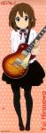  brown_eyes brown_hair fuwafuwa_time grin guitar highres hirasawa_yui horiguchi_yukiko instrument k-on! legs long_image pantyhose short_hair smile solo stick_poster tall_image 