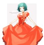  :d alternate_costume brown_eyes character_name dress dress_lift farah_oersted flower gown green_hair highres morisuke open_mouth orange_dress orange_rose rose short_hair smile solo tales_of_(series) tales_of_eternia title_drop white_background 
