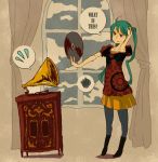  ? confused dress english green_hair hatsune_miku long_hair mentama pantyhose phonograph solo twintails uneven_eyes vocaloid 