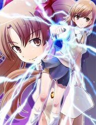  biribiri bow brown_eyes brown_hair electricity hair_bow long_hair loose_socks misaka_mikoto multiple_girls school_uniform shirai_kuroko short_hair skirt socks sweater_vest to_aru_kagaku_no_railgun to_aru_majutsu_no_index twintails yone 