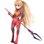  bodysuit brown_hair haraguro lance lance_of_longinus long_hair neon_genesis_evangelion plugsuit polearm shikinami_asuka_langley simple_background solo souryuu_asuka_langley spear standing weapon 