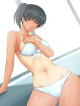  1girl amagami bikini black_hair hand_on_chest hand_on_own_chest short_hair side_ponytail solo swimsuit tan tanline toki_(artist) tsukahara_hibiki 