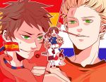  axis_powers_hetalia bad_id belgium_(hetalia) blonde_hair brown_hair flag germany_(hetalia) green_eyes grin horn_(instrument) japan_(hetalia) male netherlands_(hetalia) northern_italy_(hetalia) octopus paul_the_octopus pipe scar short_hair smile soccer southern_italy_(hetalia) spain_(hetalia) spiked_hair spiky_hair sui vuvuzela world_cup 