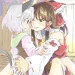  animal_ears blush bow brown_eyes brown_hair detached_sleeves eye_contact face grey_hair hair_bow hakurei_reimu hands hands_clasped mouse_ears mouse_tail multiple_girls naughty_face nazrin red_eyes sape_(saperon_black) saperon short_hair tail touhou yuri 