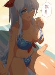  bikini blue_hair breasts cleavage highres kamishirasawa_keine large_breasts long_hair solo sweat swimsuit tan tanline touhou translated translation_request yumiya 