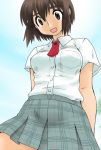  brown_eyes brown_hair necktie open_mouth plaid ruuen_rouga school_uniform skirt smile solo tartan yotsubato! 