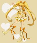  blonde_hair boots choker cure_sunshine dress hagiko hair_ribbon happy heart heartcatch_precure! highres knee_boots legs long_hair magical_girl midriff myoudouin_itsuki navel orange_eyes potpourri_(heartcatch_precure!) precure ribbon skirt smile twintails very_long_hair yellow yellow_background yellow_dress 