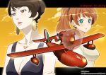  airplane aqua_eyes breasts brown_eyes brown_hair cleavage earrings fio_piccolo flying_boat ghibli gina_(kurenai_no_buta) jewelry kimura_tatsuki kurenai_no_buta lipstick multiple_girls necklace open_mouth ponytail savoia_s.21 short_hair signature studio_ghibli 