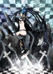  black_hair black_rock_shooter black_rock_shooter_(character) blue_eyes boots coat daichou flat_chest glowing glowing_eyes highres long_hair midriff navel pale_skin scar solo twintails very_long_hair 