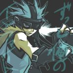  blue_hair fighting_stance fingerless_gloves fur-trimmed goggles lowres lucario personification pokemon solo spiked_knuckles spikes spiky_hair 