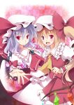  ascot bad_id bat_wings blonde_hair blush bow brooch fang flandre_scarlet grey_hair hat jewelry kurono_yuzuko multiple_girls open_mouth red_eyes remilia_scarlet short_hair siblings side_ponytail sisters smile touhou wings wrist_cuffs 