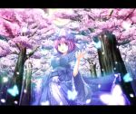  butterfly cherry_blossoms forest full_moon glowing hat japanese_clothes letterboxed moon nature pink_eyes pink_hair promotions purple_eyes purple_hair ryosios saigyouji_yuyuko short_hair solo standing touhou tree 