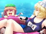  animal_ears bare_shoulders blonde_hair breasts brown_eyes brown_hair cat_ears cat_tail chen closed_eyes disney fish hat innertube kuku_px large_breasts lying mickey_mouse multiple_girls on_back open_mouth school_uniform short_hair smile tail touhou water yakumo_ran 