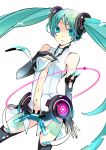  absurdres aqua_eyes aqua_hair bridal_gauntlets hand_on_chest hand_on_own_chest hatsune_miku hatsune_miku_(append) highres inami_eno long_hair miku_append nail_polish navel necktie open_mouth simple_background solo thigh-highs thighhighs twintails very_long_hair vocaloid vocaloid_append 