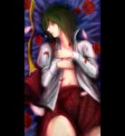  ascot_removed bad_id bed_sheet closed_eyes covering covering_breasts flower green_hair kazami_yuuka lying no_bra nosaka_eiji on_back open_clothes open_shirt parted_lips petals pillarboxed plaid plaid_skirt plaid_vest red_rose rose short_hair skirt skirt_set sleeping solo touhou undressed 