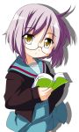  brown_eyes clerk_nagato cosplay glasses lucky_star nagato_yuki nagato_yuki_(cosplay) purple_hair rindou_(awoshakushi) school_uniform short_hair solo suzumiya_haruhi_no_yuuutsu 