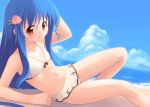  emurin flat_chest food fruit hinanawi_tenshi long_hair peach red_eyes solo swimsuit touhou 