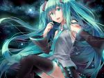  aqua_eyes aqua_hair colored_eyelashes detached_sleeves eyelashes hatsune_miku long_hair necktie night night_sky open_mouth rella skirt sky smile solo star star_(sky) starry_sky thigh-highs thighhighs twintails very_long_hair vocaloid wallpaper 