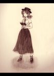  graphite_(medium) hat highres letterboxed mary_janes mixed_media necktie s-syogo sepia shoes short_hair skirt solo touhou traditional_media usami_renko 