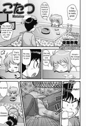 1boy 1girl ball_busting bdsm cbt comic crotch_kick greyscale groin_kick hard_translated highres kicking kotatsu male_focus monochrome pain table third-party_edit translated