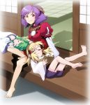  barefoot detached_sleeves eyes feet frog green_hair hair_ornament hand_on_head hat kochiya_sanae lap_pillow legs moriya_suwako purple_hair short_hair tkhs touhou yasaka_kanako 