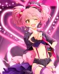  1girl bow hair_bow hat heart highres idolmaster idolmaster_cinderella_girls jougasaki_mika long_hair navel one_eye_closed open_mouth pink_hair restaint smile solo suspenders thigh-highs twintails yellow_eyes 