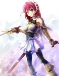  boots cape cecily_cambell gloves red_eyes red_hair redhead seiken_no_blacksmith short_hair smile solo sword thighhighs weapon yone 