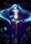  absurdres aqua_hair barefoot bridal_gauntlets closed_eyes flower glowing hatsune_miku hatsune_miku_(append) highres long_hair lying miku_append nail_polish nana_mikoto navel neon_trim solo thigh-highs thighhighs twintails very_long_hair vocaloid vocaloid_append water 